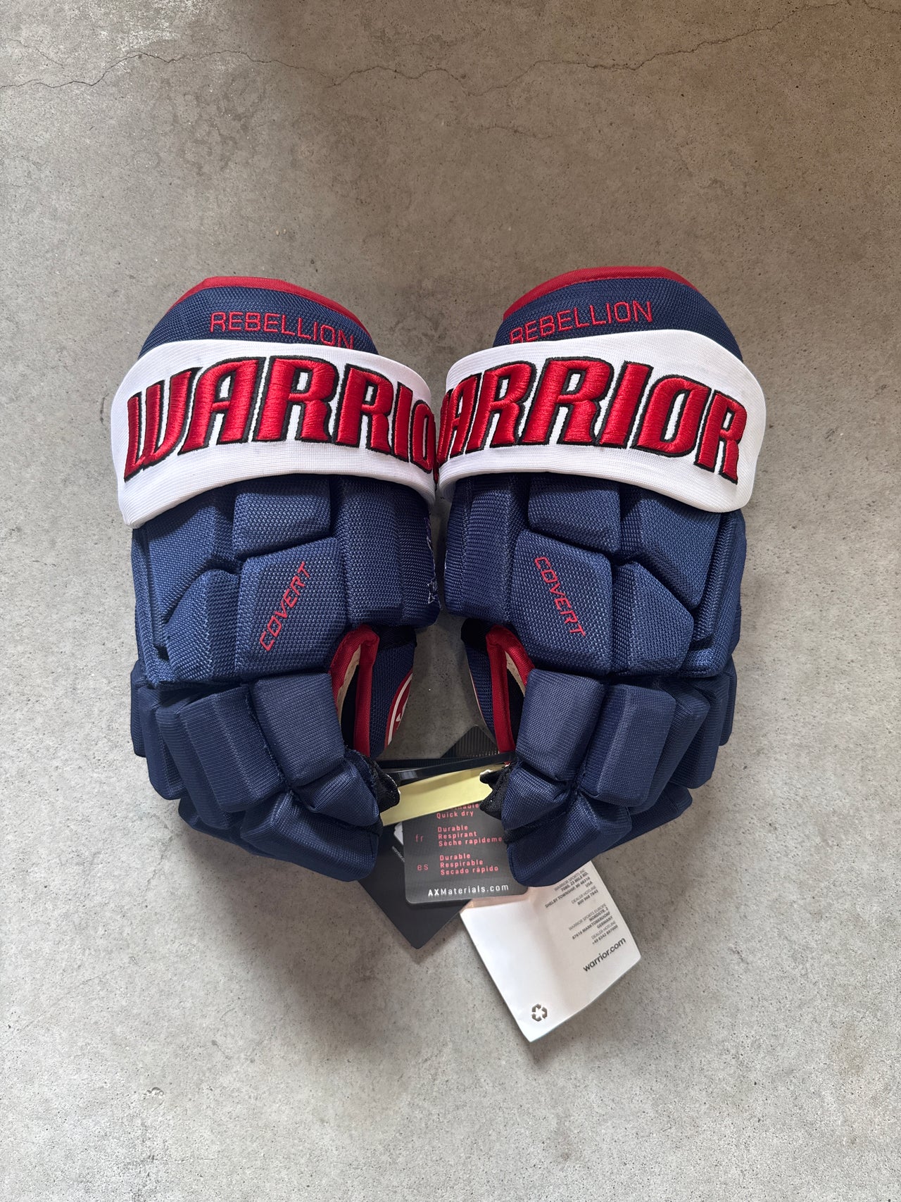 14” PRO STOCK - HOCKEY GLOVES - WARRIOR - COVERT CUSTOM PRO - BLUE/WHITE/RED