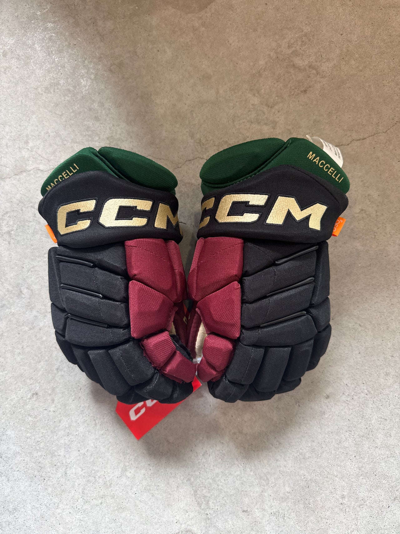 13” PRO STOCK - HOCKEY GLOVES - CCM - HGTK CUSTOM PRO - BLACK/MAROON/GREEN - ARIZONA COYOTES NHL